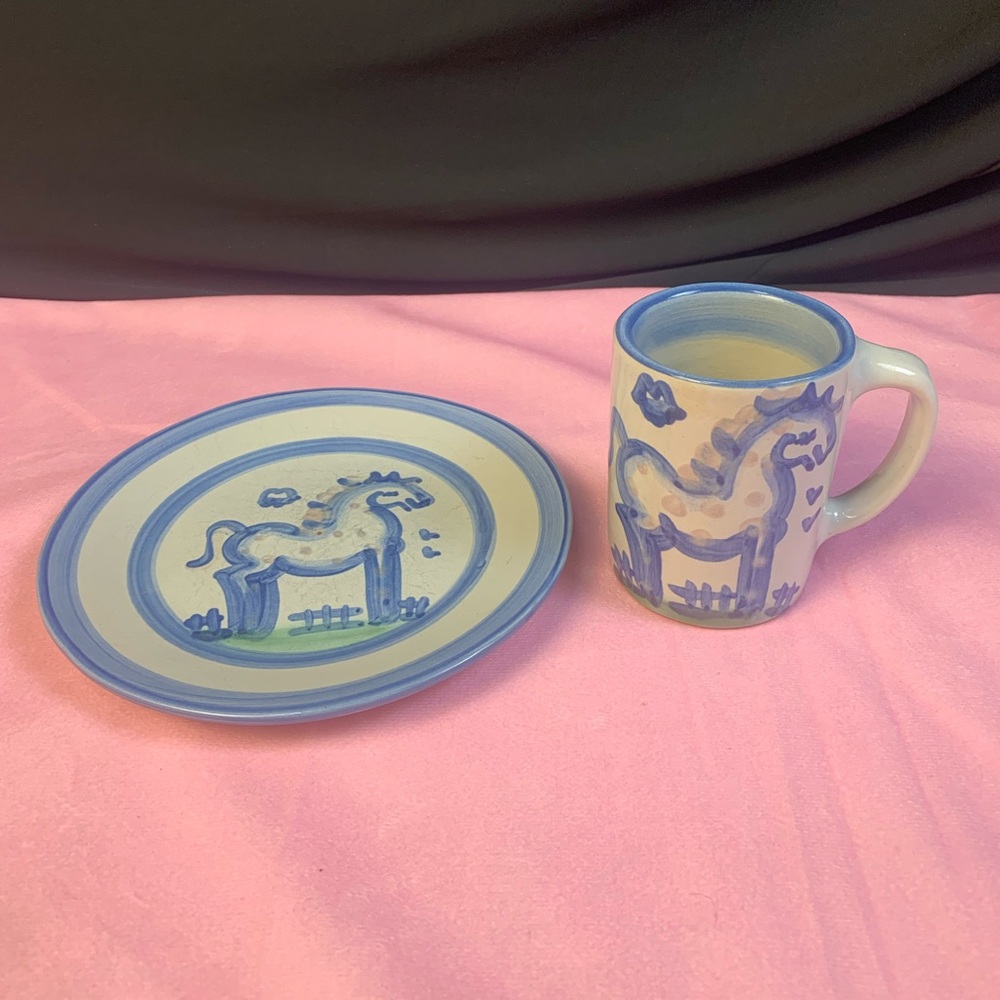 M A Hadley Pottery Vintage Horse Plate & Coffee Mug.